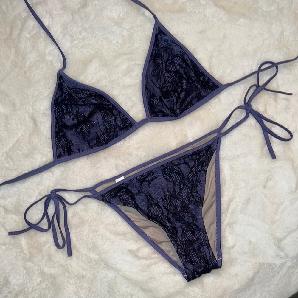 La Perla Purple with Black Lace Triangle Bikini